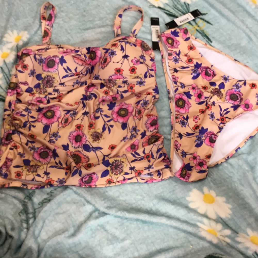 Nicole Miller Peach Floral Tankini & Bikini Bottoms with Pink & Purple Flowers